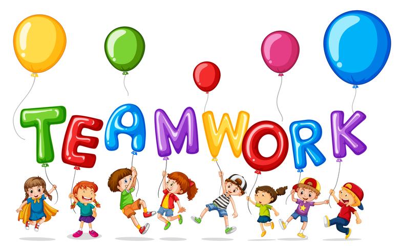 Children with balloons for word teamwork vector