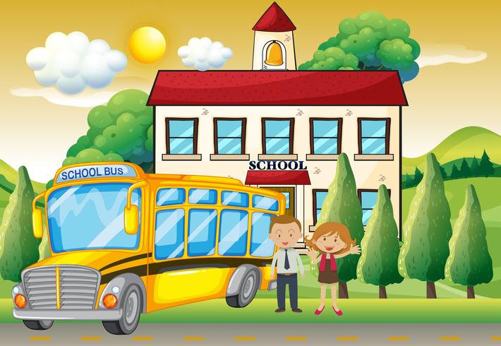 Maestros y autobús escolar en la escuela. vector