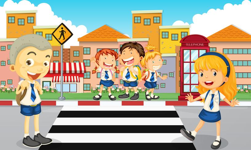 Students crossing the road vector