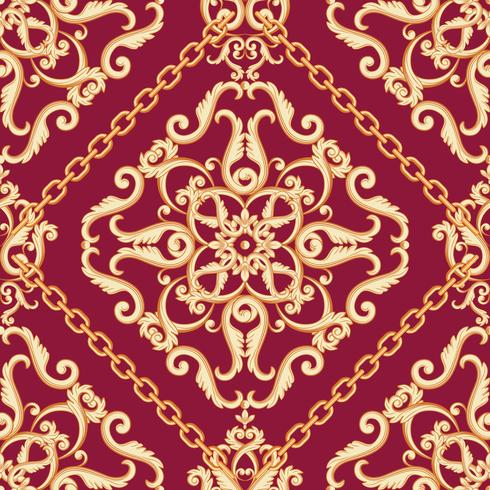 Seamless damask pattern. Golden beige on pink purple texture with chains. Vector illustration.