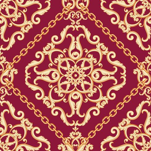 Seamless damask pattern. Golden beige on pink purple texture with chains. Vector illustration.