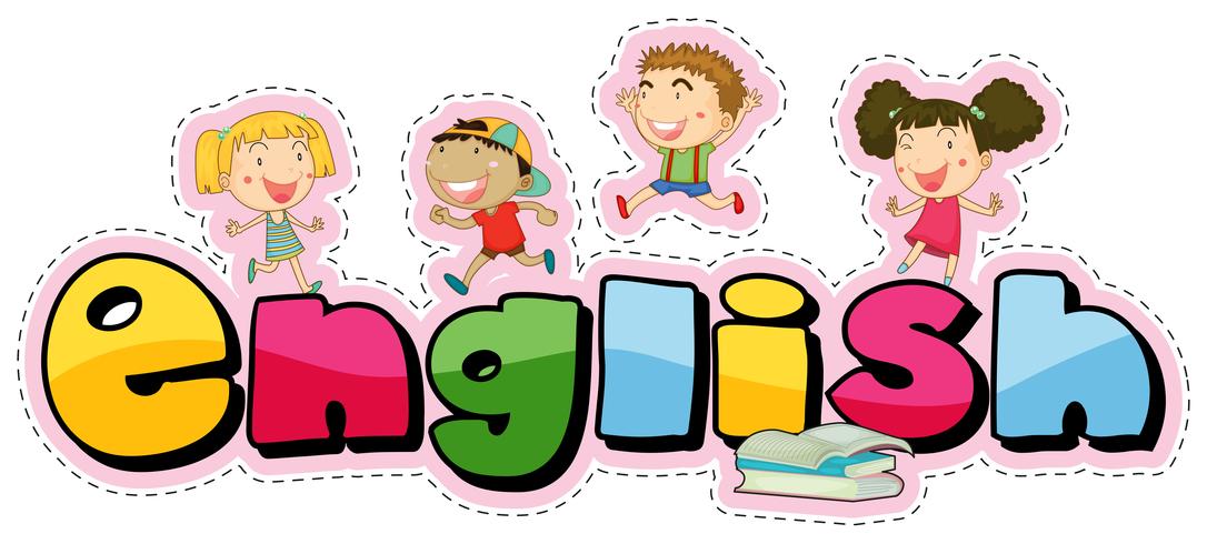 Sticker design for word english with happy kids vector