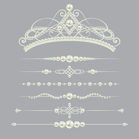 Los divisores realistas blancos de la perla fijaron la colección con la diadema aislada en fondo gris. ilustración vectorial vector