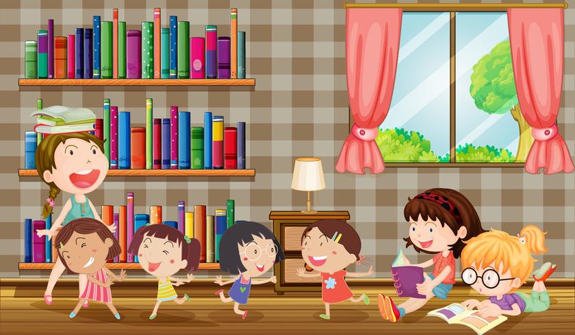 Many girls reading books in room vector