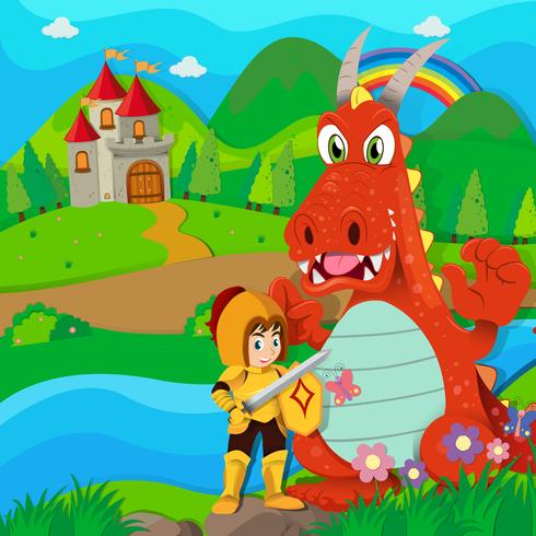 Knight and dragon by the river vector