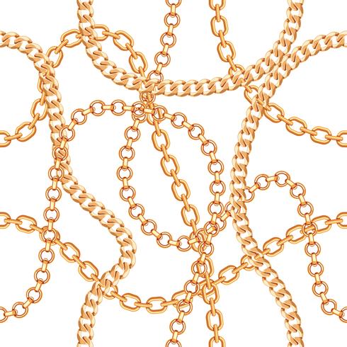 Seamless pattern background with chains golden metallic necklace. On white. Vector illustration