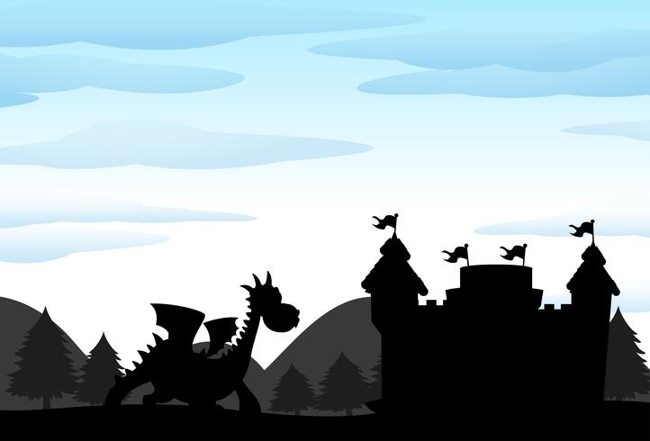 Silhouette scene of castle and dragon vector