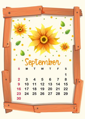 Plantilla de calendario con girasol para septiembre vector
