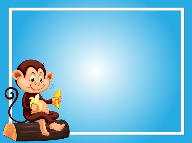 Blue background template with monkey eating banana vector