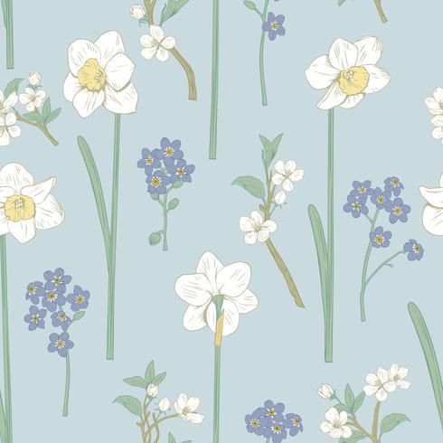 Floral seamless pattern. Daffodils, forget me not flowers and sakura. Vector illustration