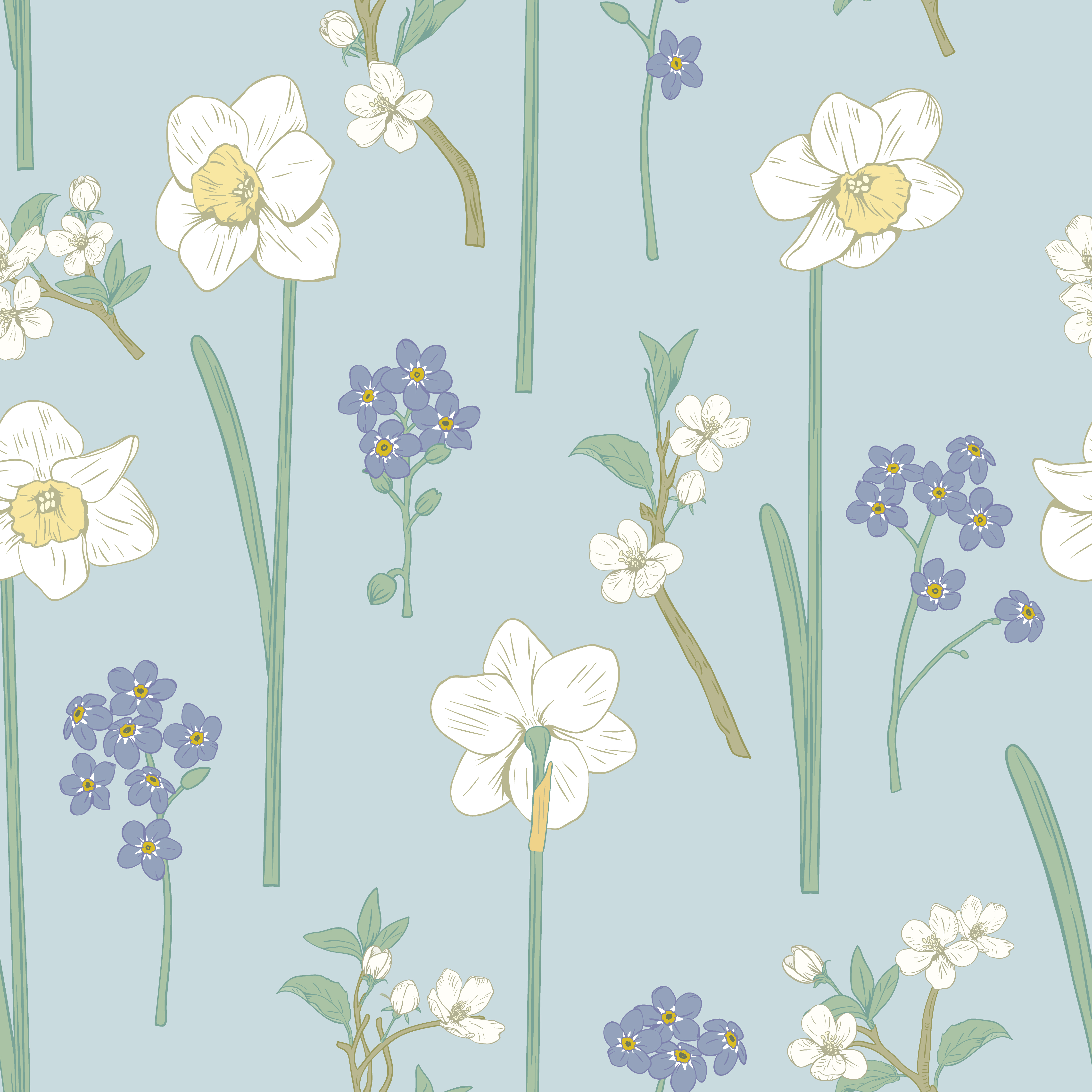 Floral seamless pattern. Daffodils, forget me not flowers ...