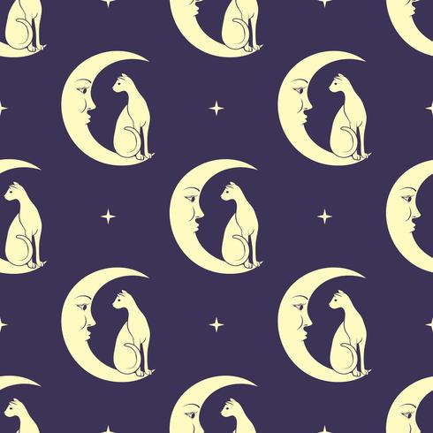 Gato sentado en la luna. Fondo inconsútil del modelo del cielo nocturno. Magia linda, diseño oculto. Vector