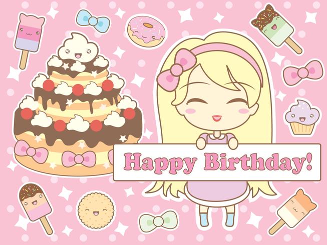 Tarjeta de feliz cumpleaños en estilo kawaii vector