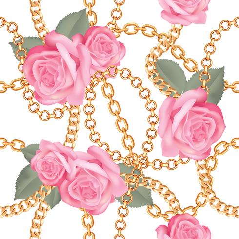 Pattern background with golden chains and pink realistic roses. On white. Vector illustration