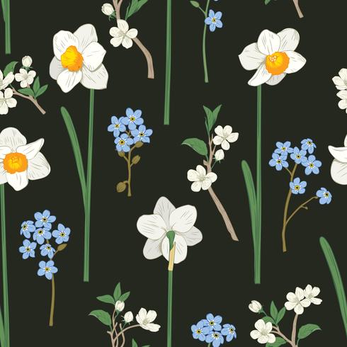 Floral seamless pattern. Daffodils, forget me not flowers and sakura. Vector illustration