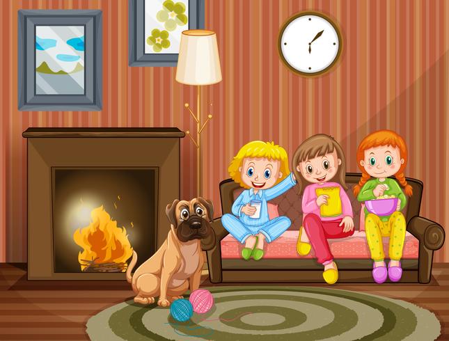 Three girls sitting on sofa with pet dog vector
