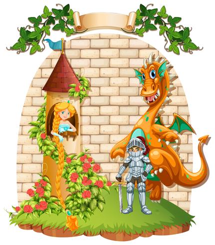 Princess in tower and knight with dragon pet vector