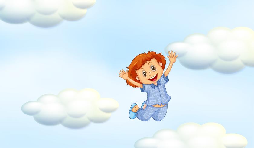 Niña feliz en pijama azul en el cielo vector