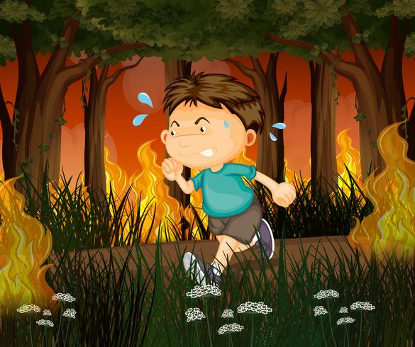 Un niño huye del bosque de incendios forestales. vector