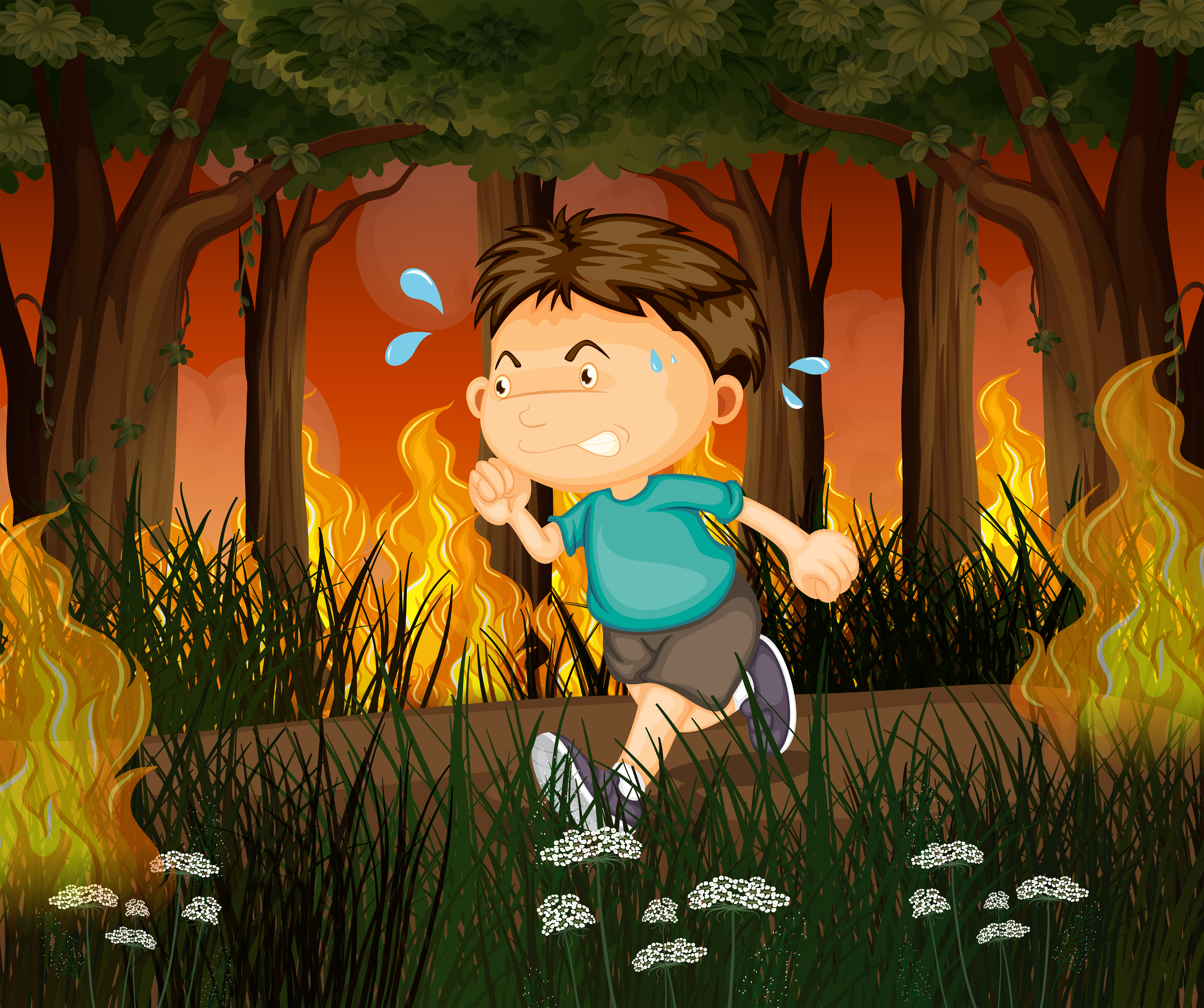 A boy run away from wildfire forest 362276 Vector Art at Vecteezy