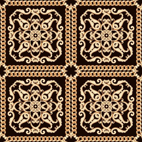 Seamless damask pattern. Gold on black texture with chains. Vector illustration.