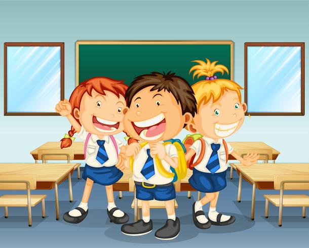 Tres niños sonriendo dentro del aula vector