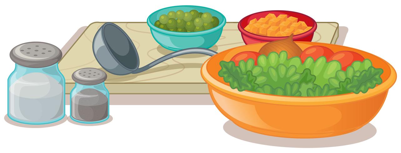 Bowls of vegetables and seasonings vector