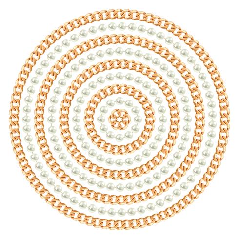 Round pattern made with golden chains and pearls. On white. Vector illustration