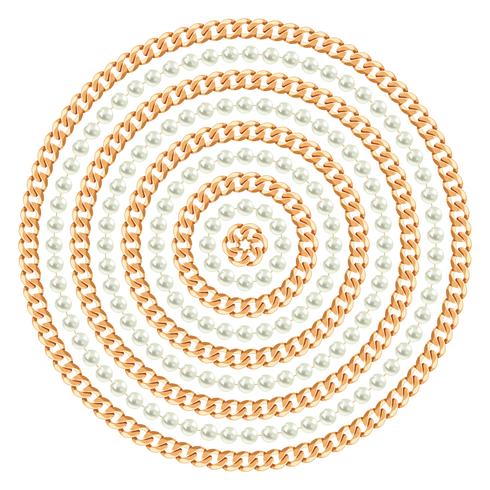 Round pattern made with golden chains and pearls. On white. Vector illustration