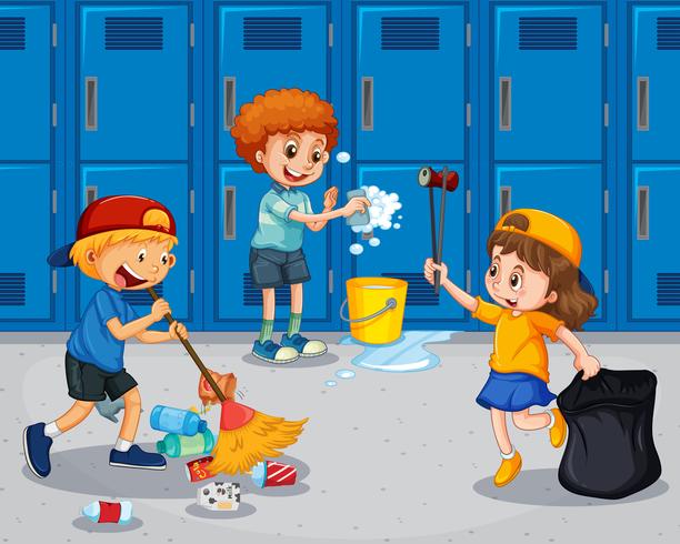 Student cleaning the hallway vector