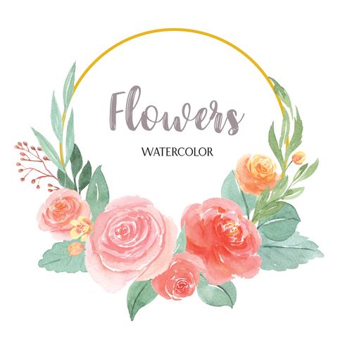 Flores de acuarela pintadas a mano con borde de marco de guirnaldas de texto, exuberante flores acuarela aislado sobre fondo blanco. Decoracion de flores de diseño vector