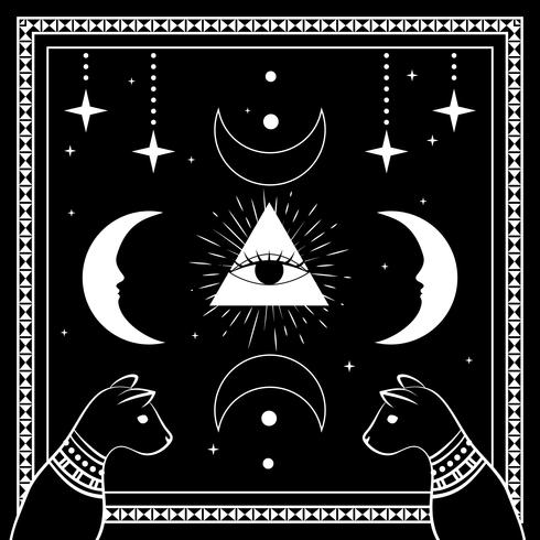 Black cats, night sky with moon and stars. Frame for sample text. Magic, occult symbols. vector