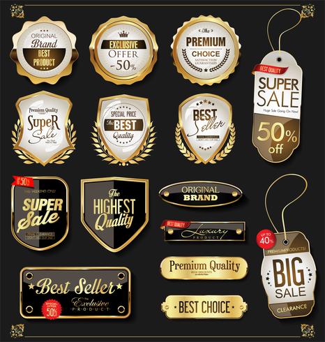 Insignias y etiquetas de oro premium de lujo vector