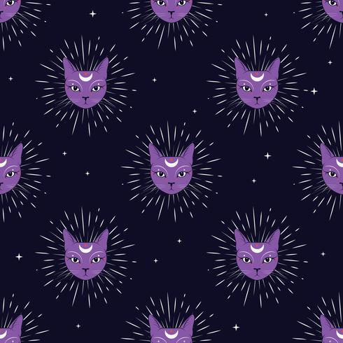 Violet cat face with moon on night sky pattern background. Cute magic, occult design. vector