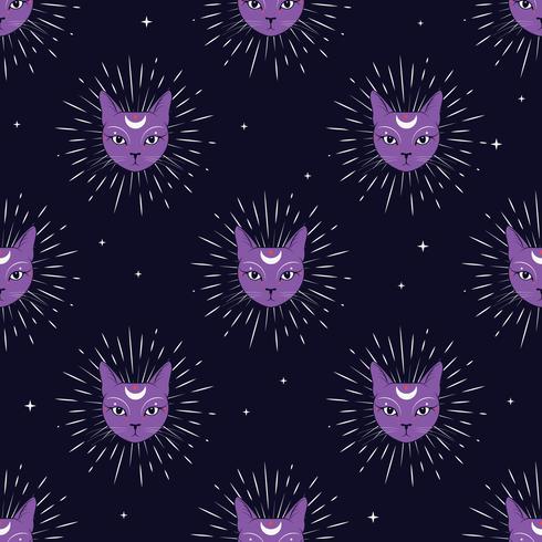 Cara violeta del gato con la luna en fondo inconsútil del modelo del cielo nocturno. Magia linda, diseño oculto. vector