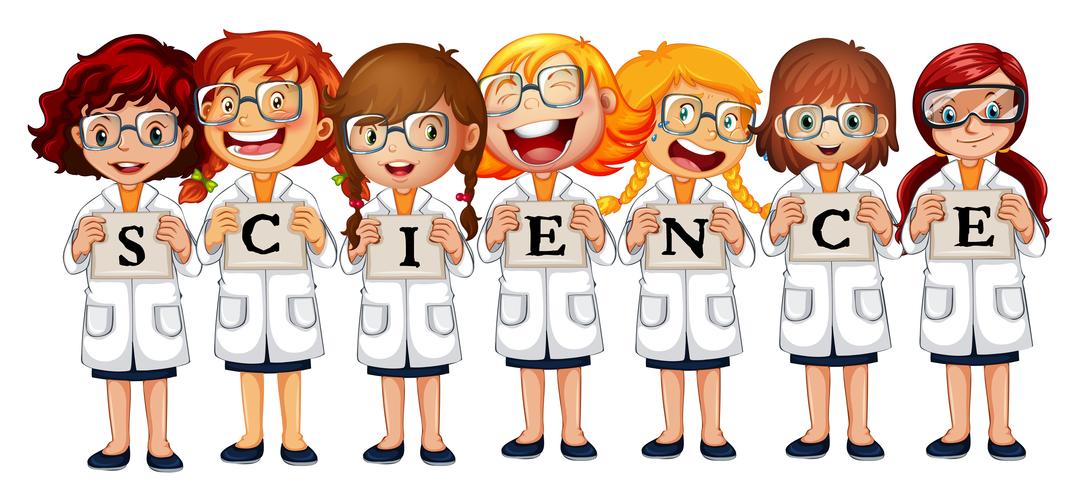 Girls in science coats and word science vector