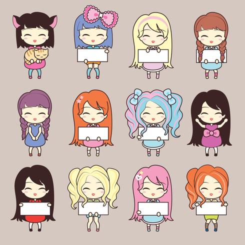 Set collections of cute girls holding blank frames. vector