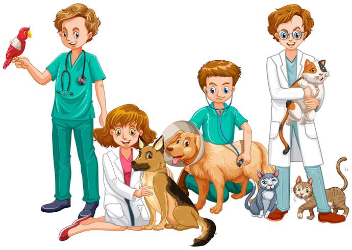 Médicos veterinarios con gatos y perros. vector