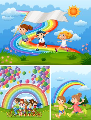 Happy people in park with rainbow in background vector