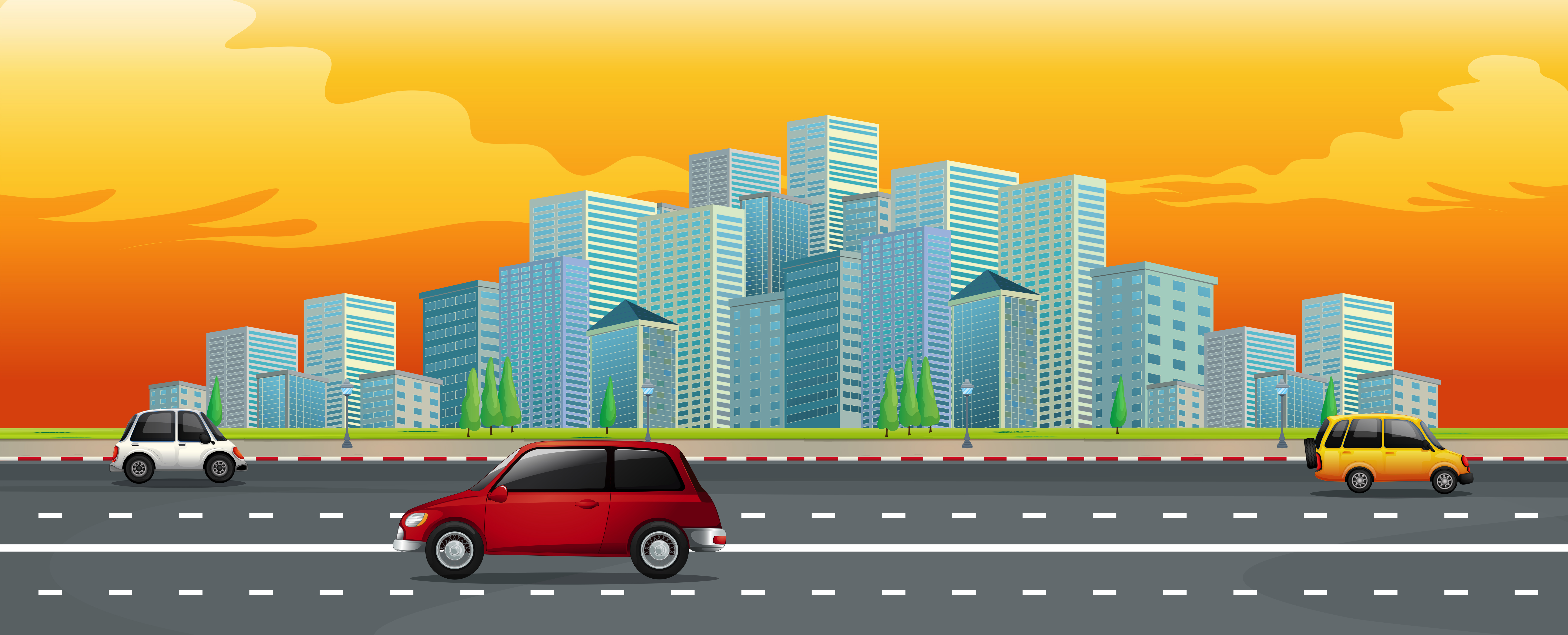 Roadside View with Modern City and Golden Sky 362607 Vector Art at Vecteezy