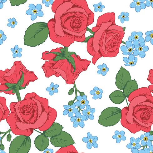 Rosas rojas y flores del myosotis en el fondo blanco. Patrón sin costuras Vector illustartion