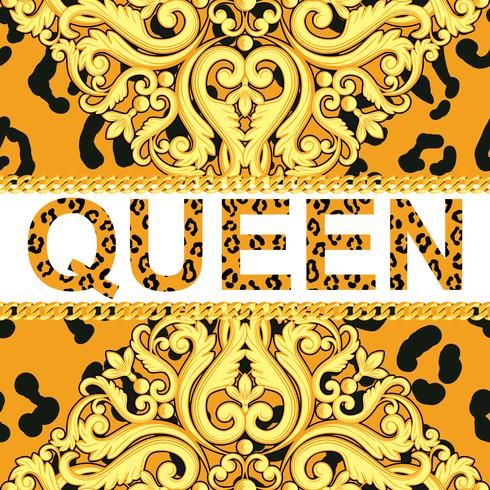 Elemento ornamental amarillo en textura animal leopardo con cadenas y texto reina. Ilustración vectorial vector