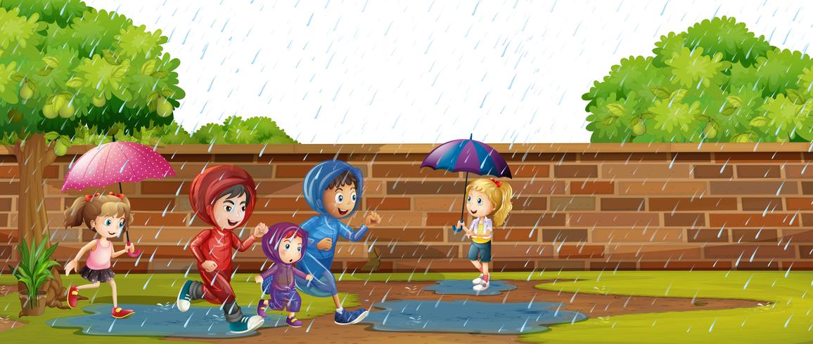 Niños jugando en la lluvia vector