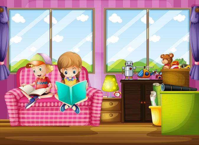 Boy and girl reading book on sofa vector