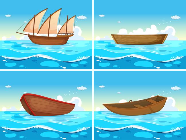 Cuatro escenas de barcos en el océano. vector