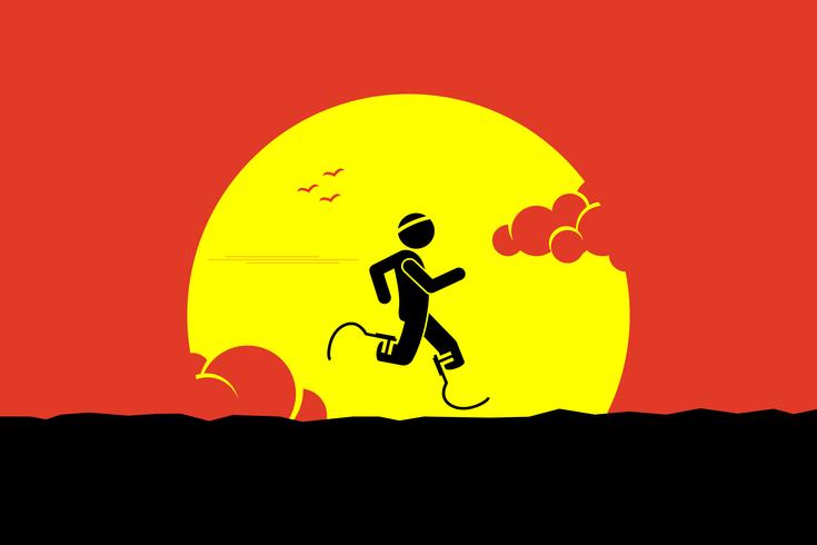 Handicap runner running with running blades or prosthetics leg with a big sun and cloud at the background. vector