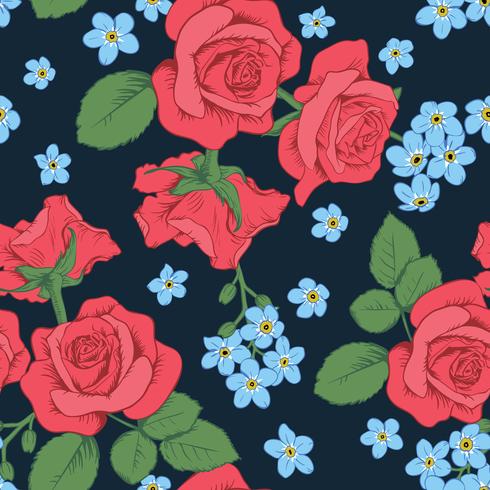 Rosas rojas y flores del myosotis en fondo azul marino. Patrón sin costuras Vector illustartion