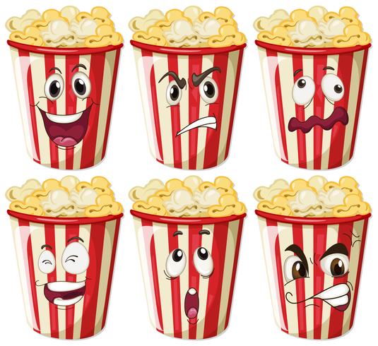 Different facial expressions on popcorn cups vector