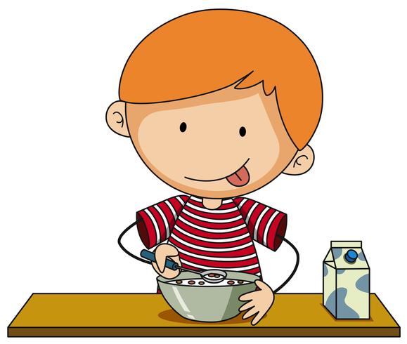 Little boy having cereal with milk vector