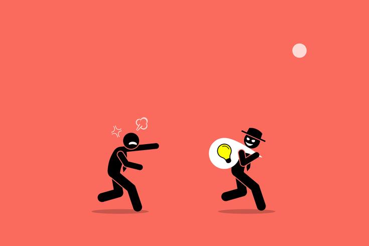 Evil businessman stealing business idea. vector
